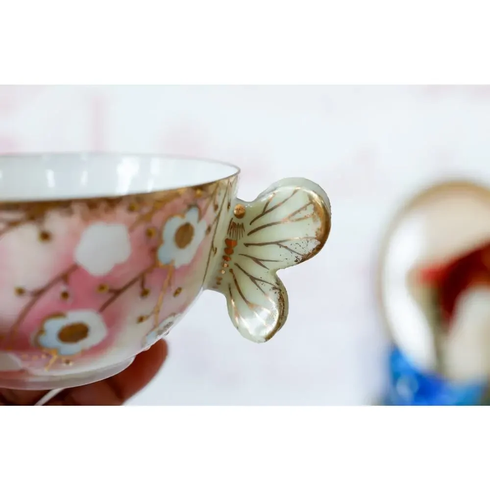 VTG Sakura Floral Butterfly Handle Teacup Set Grandmillennial Chinoiserie Retro